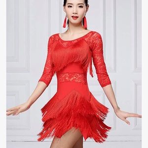 Red Latin ballroom dance dress with fringe and lace